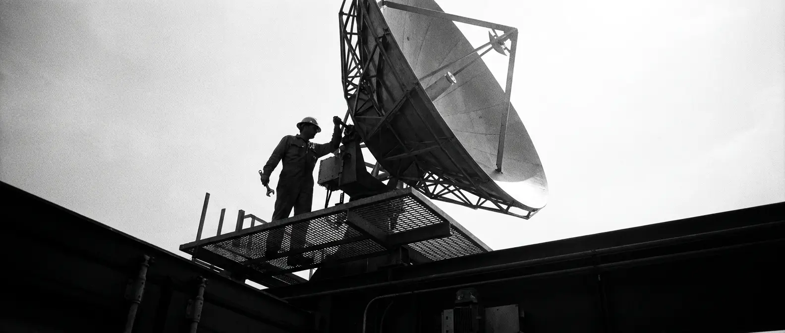 Engineer adjusting a large parabolic radio dish against open sky, representing AI visibility optimisation