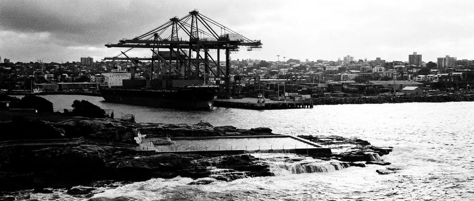 Newcastle harbour gantry cranes above the ocean baths, representing AI search visibility for Newcastle businesses
