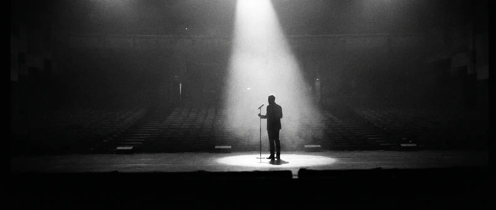 Lone speaker in a spotlight on a bare stage before a dark auditorium, representing digital PR and brand mentions