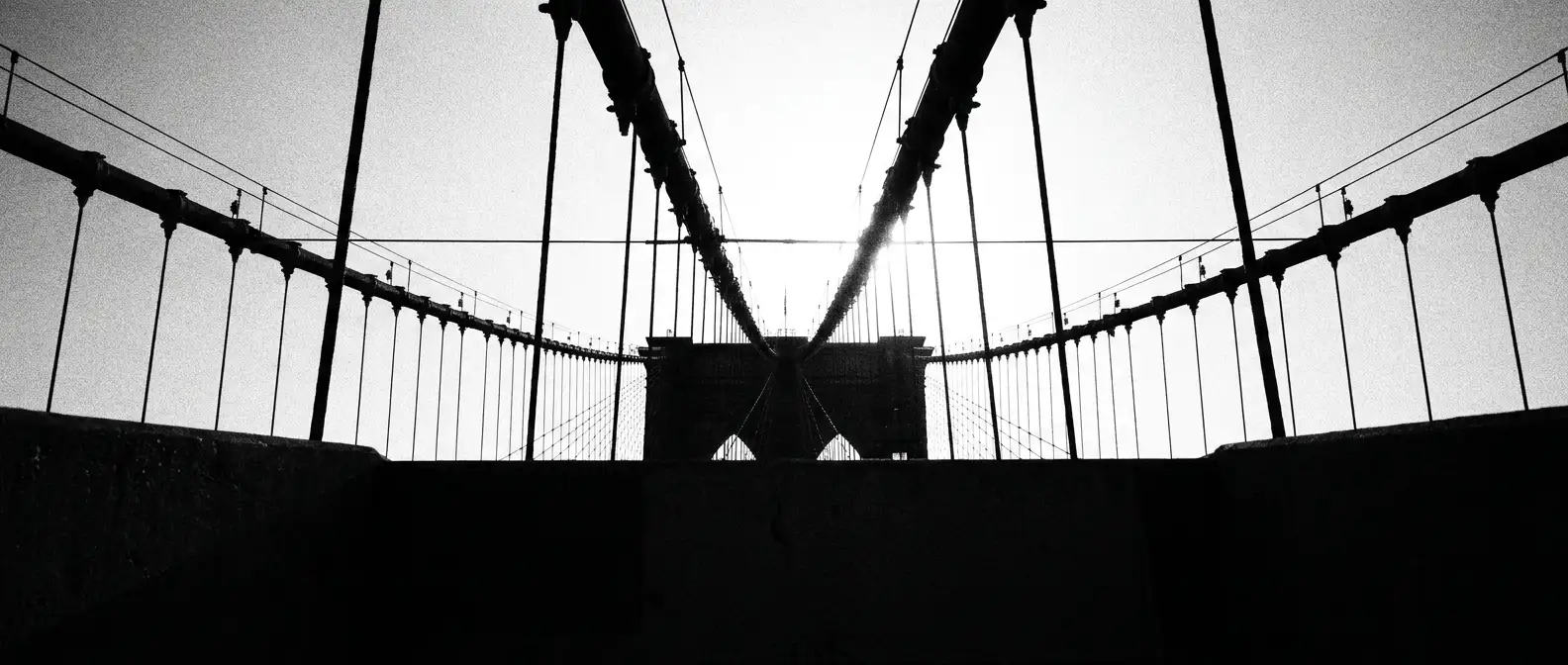 Converging cables of a great suspension bridge against a bright sky, representing entity and knowledge graph optimisation