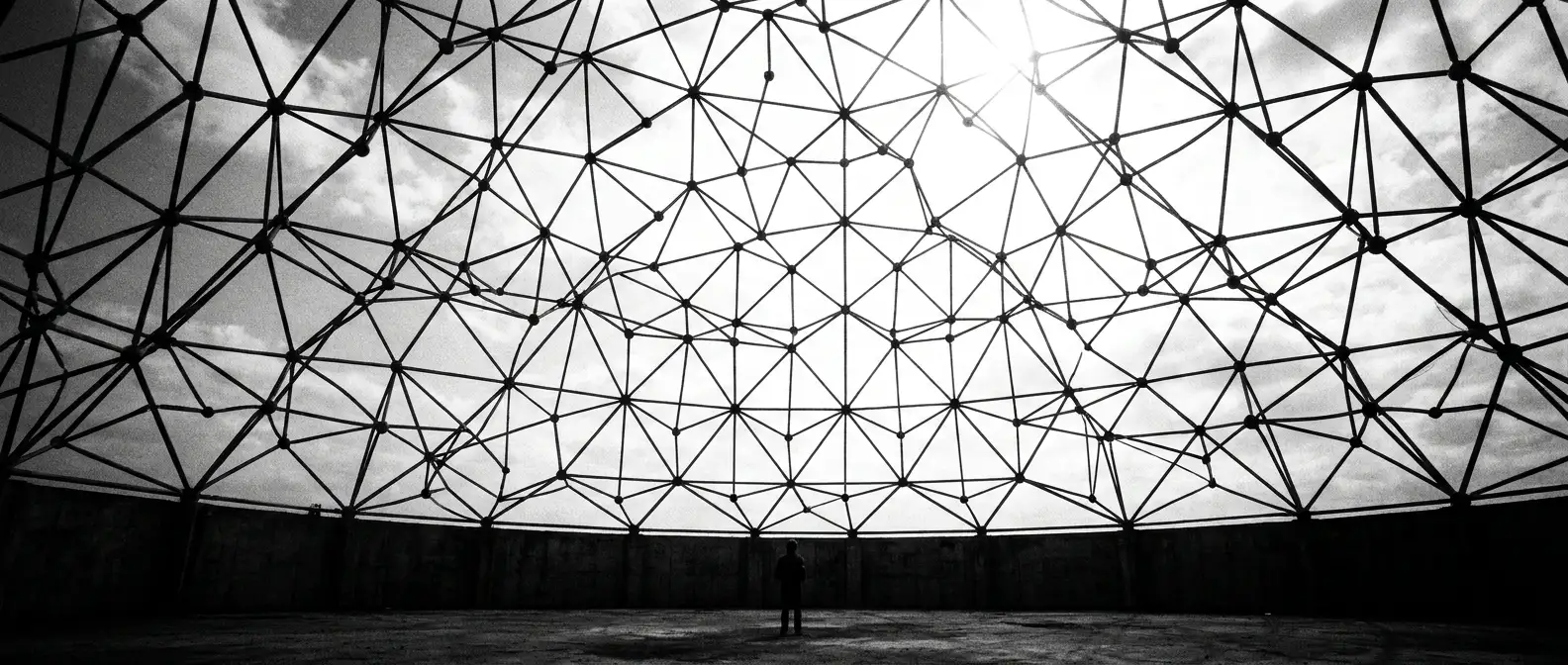 Looking up through the triangulated steel lattice of a geodesic dome, representing schema markup implementation