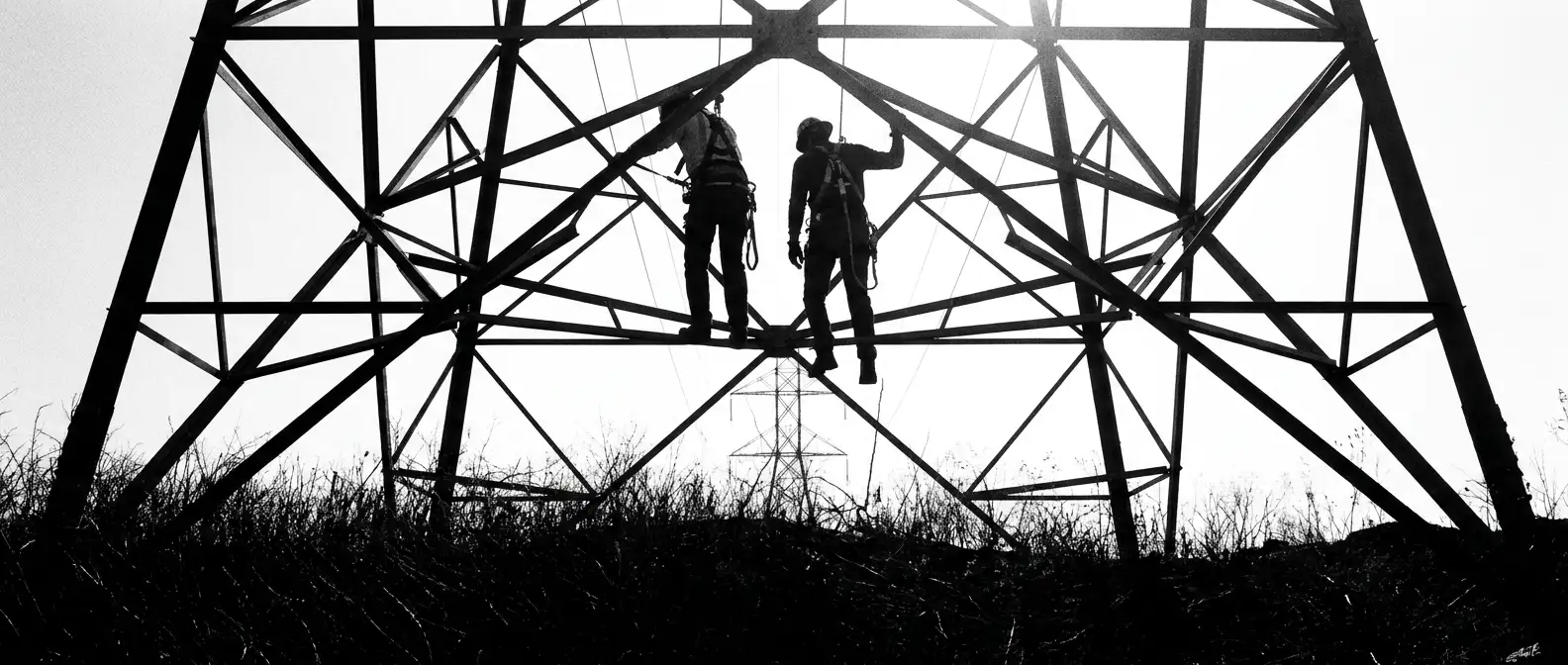 Riggers climbing the steel lattice of a transmission tower, representing hands-on SEO implementation