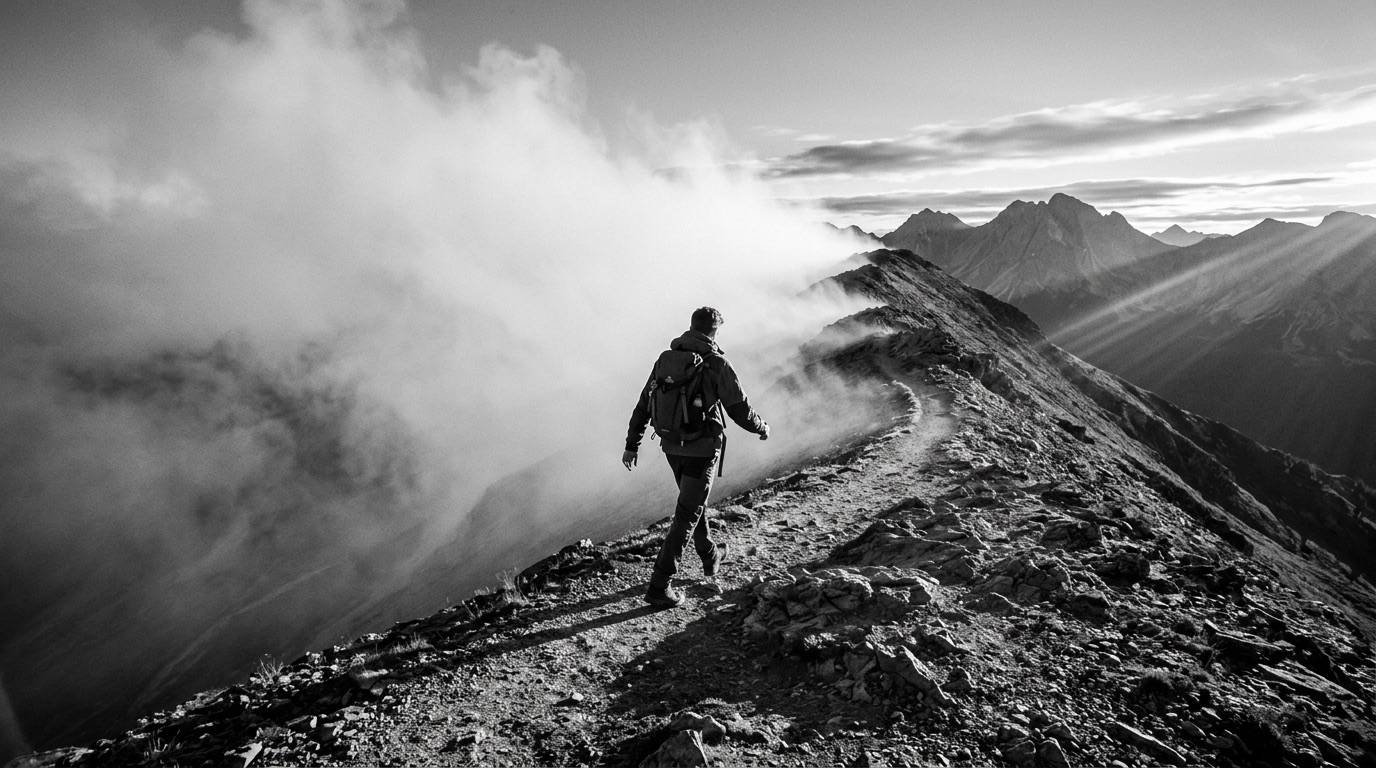 Person walking out of fog onto a clear ridge path