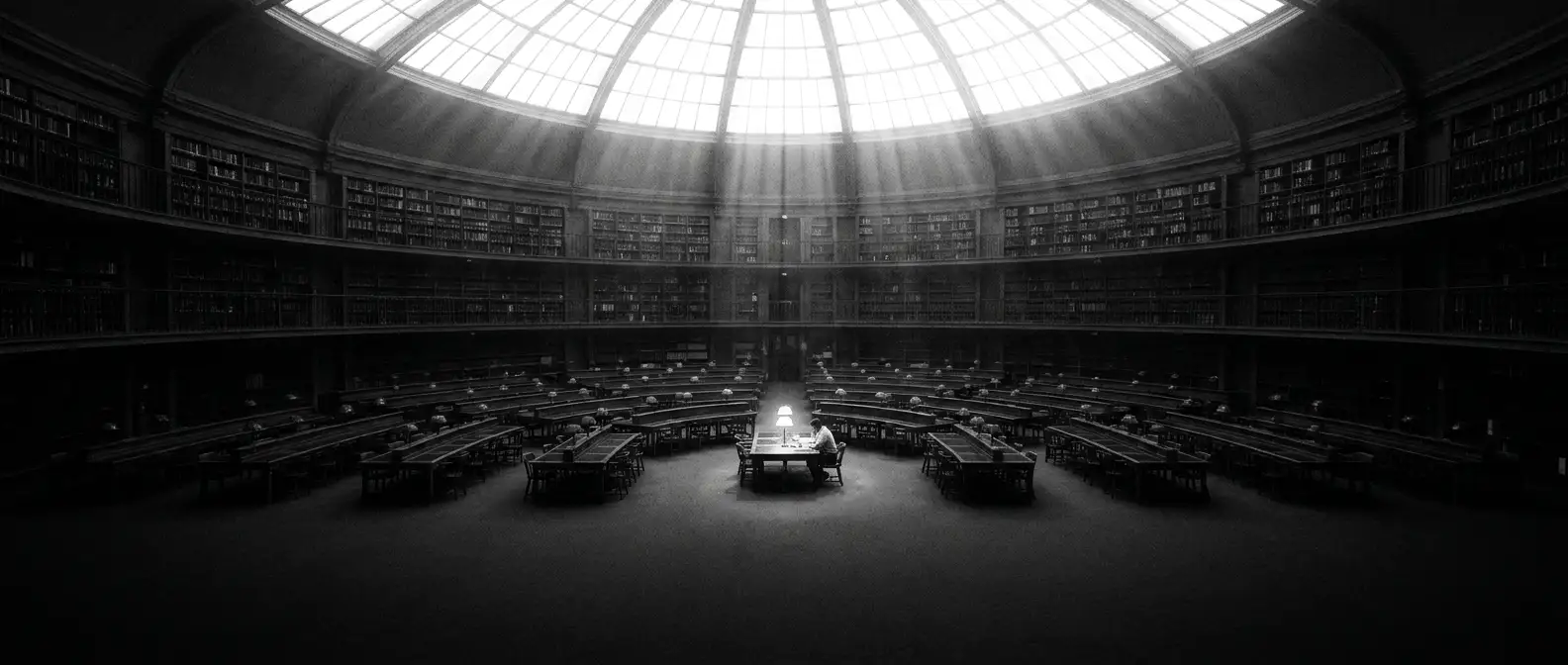 Looking down into a vast circular library reading room, representing topical authority development